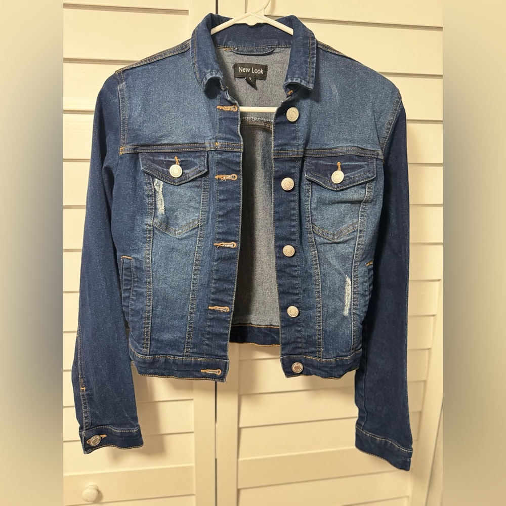 New Look Distress Denim Jean Jacket Women's size Small Dark Wash Trucker